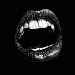 An isolated black and white vampire mouth illustration graphic lips.