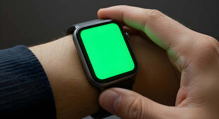 A person's hand adjusts a smartwatch with a bright green screen, showcasing its features and modern design on a dark background.