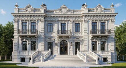 Magnificent White Mansion with Ornate Facade and Grand Staircase