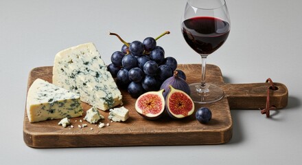 Still life featuring blue cheese grapes figs and red wine on a wooden board