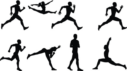 Silhouette of Athletes Running, Jumping, Stretching, and Exercising, Dynamic Fitness and Sports Poses for Health, Workout, and Training Concepts
