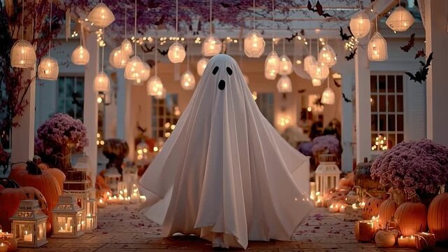 Ghostly Garden Gathering: A spectrally clad figure materializes amidst a festive outdoor setting, surrounded by a tapestry of glowing lanterns, pumpkins.