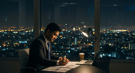 Businessman working late at night in a high-rise office overlooking a city skyline.