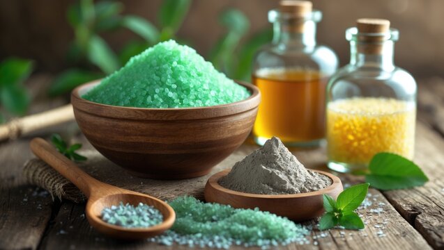 Bowl of green bath salt, gray mud powder, and bottles of essential oils with herbs on rustic wooden surface. Spa and wellness, natural skincare, and aromatherapy concept. The concept of natural bea...