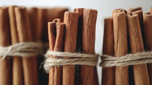 A bundle of cinnamon sticks wrapped in natural twine, perfect for decorating or gift-giving