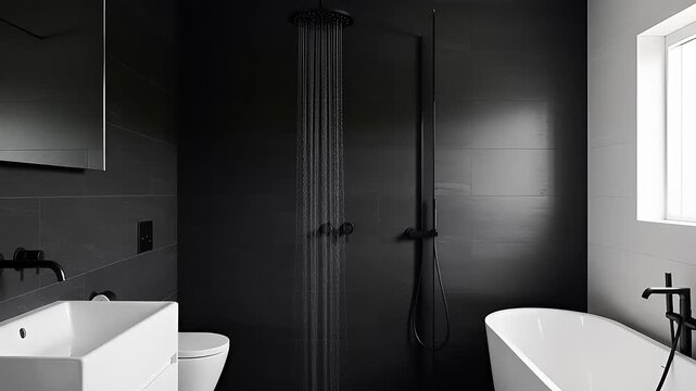Modern minimalist bathroom featuring a sleek shower and freestanding tub with dark tones and natural light