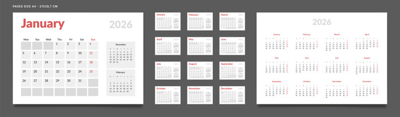 2026 Calendar Planner Set of Template Monthly Pages, Annual. Vector layout grid of wall or desk calendar organizer. Week start Monday in red and gray color. Pages A4-21x29.7 cm ready print