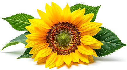 Obraz premium Vibrant yellow sunflower with detailed seeds and green leaves isolated on white background, showcasing natural beauty and bright colors