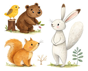 Charming watercolor illustration of friendly forest animals including a bear cub a fluffy squirrel a white rabbit and a small yellow bird