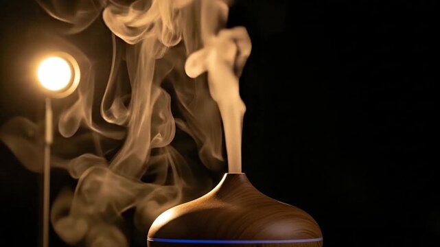 Aroma Diffuser Emitting Steam with Warm Light on Black Background

