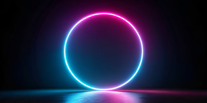 Neon circle glowing on black background in futuristic abstract light design