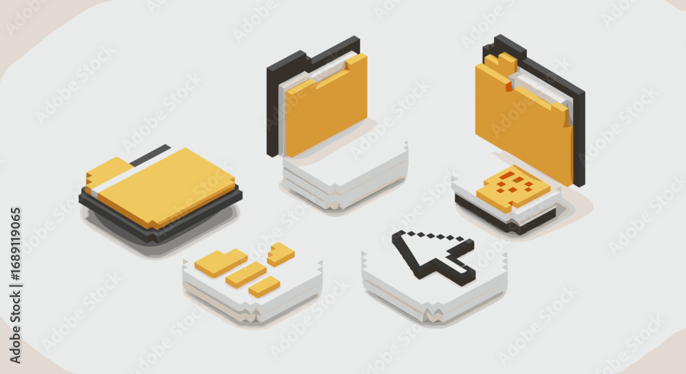Poster 3d isometric pixel art folders and icons with cursor on white background