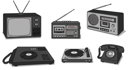 Retro technology icons: vintage tv, radio, turntable, cassette player, telephone
