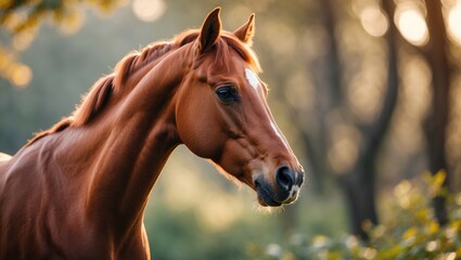 Naklejka premium A close-up of a brown horse with a lush background and warm sunlight.