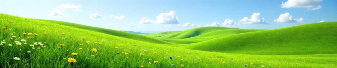 Obraz premium Serene rolling hills of lush green pasture, dotted with wildflowers under a clear blue sky Perfect for idyllic, rural, or nature-themed projects , panorama, peaceful, day
