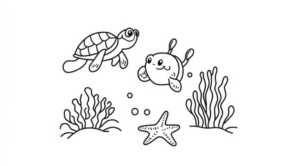 Cartoon sea turtles fish and starfish illustration