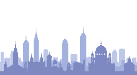 Obraz premium Blue silhouette of city skyline with historic landmarks and modern skyscrapers
