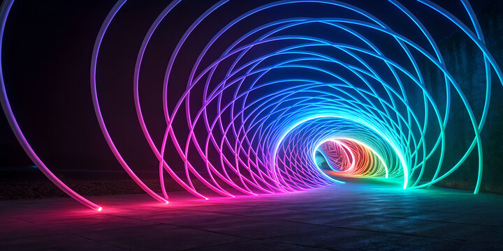 Multicolor neon light swirl in motion creating glowing futuristic abstract design
