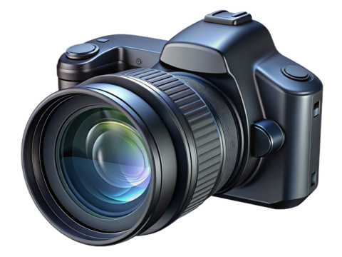 Black DSLR Camera with Detailed Lens Isolated