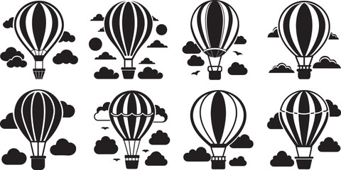 set of hot air balloon and clouds silhouette, vector and illustration, black and white