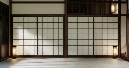 Mock up interior concept Empty room wood docoration wall on granite floor. 3D illustration rendering