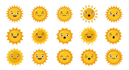 Cute sun emoji set with expressive faces in bright colors