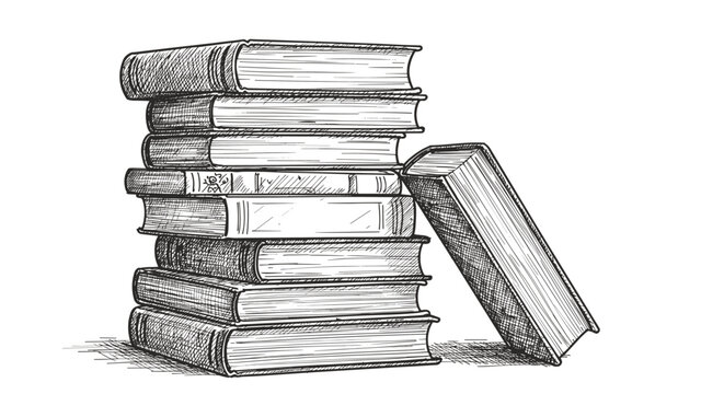 Detailed vintage sketch of stacked books with elegant crosshatch design