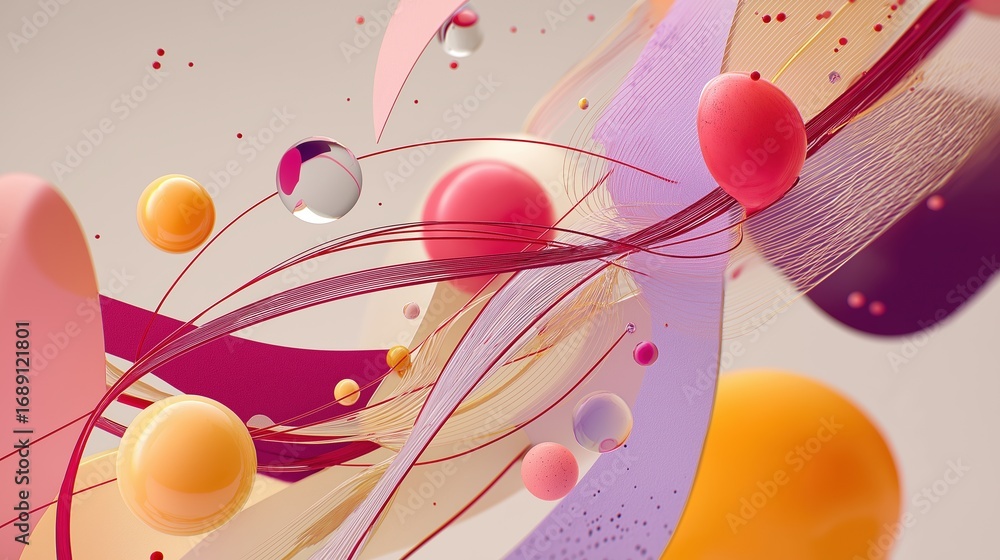 Poster colorful abstract 3d composition with floating shapes and dynamic swirls in colorful objects and pas