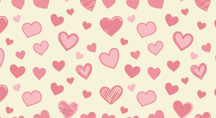 Seamless pattern of pink hearts on cream background for romantic designs