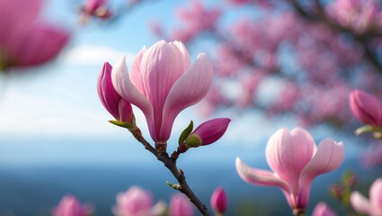 Obraz premium Magnolia flowers in bloom on a branch with a blurred background of more blossoms and sky.