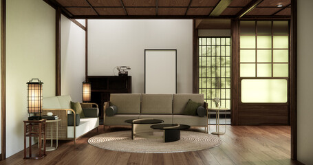 The Western style room is a Japanese room with a small sofa in the living room in an old traditional Japanese style. 3d rendering