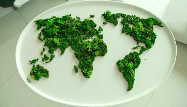 Oval white tray with a world map covered in green moss