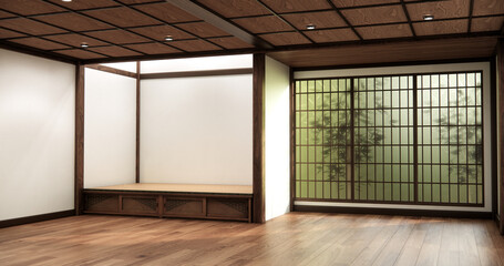 Obraz premium Shelf wall room zen style and decoraion wooden design, earth tone.3D rendering