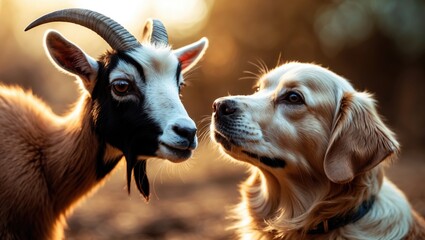 Two animals, a goat and a dog, face each other in a close-up shot with a warm, blurred background.