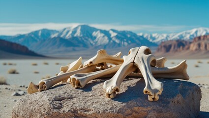 Bones on desert rock with snow-capped mountains in the background. Natural wildlife and arid landscape. The scene of bone remains in a dry environment.