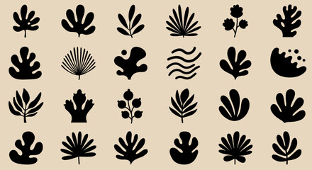 Silhouette collection of abstract plant and leaf shapes on neutral background