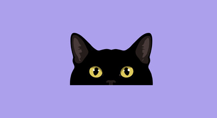 Obraz premium Playful black cat peeking on purple background