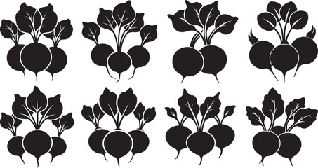 set of radishes silhouette, vector and illustration, black and white