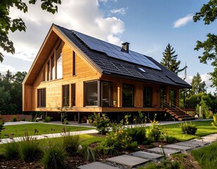 Modern wooden house with solar panels, surrounded by landscaped gardens