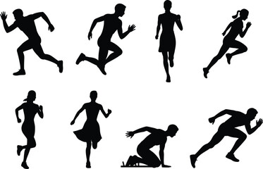 Silhouettes of Runners in Motion Including Men and Women Sprinting, Jogging, and Preparing to Run for Fitness or Competition