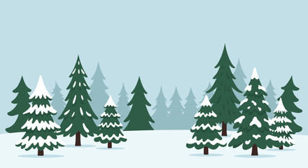 Snowy evergreen trees in winter landscape on a clear day