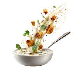 dynamic splash of creamy soup with floating ladle
