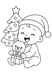 coloring book of a baby sitting by a Christmas tree holding a teddy bear and a small present.