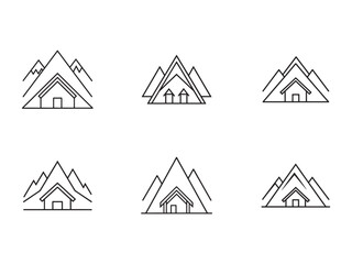Mountain and Cabin Minimalist Line Art Logos Set with Peak and House Designs for Adventure and Nature Brands