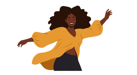 Joyful woman dancing in a yellow blouse with flowing movement