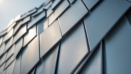 Close-up of a modern tiling surface with overlapping tiles. Architectural design and construction, concept. Building materials and architecture. The concept of roofing and surface design.