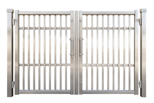 Polished stainless steel double security gate with handles isolated on a transparent background 1