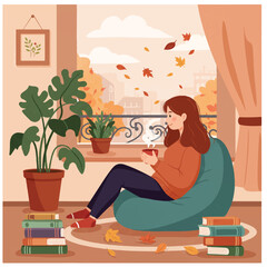 A flat vector illustration portrays a person on a bean bag, enjoying tea amidst books and plants, watching vibrant autumn leaves fall outside a cozy window.
