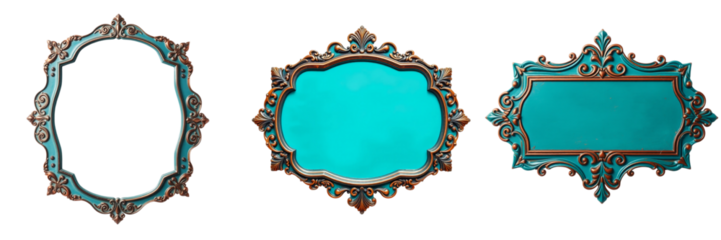 Ornate Mirror with Intricate Carvings: An elegant, teal-colored mirror with an open center, adorned with elaborate, vintage carvings, showcasing timeless artistry and classic design.