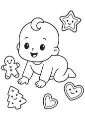 coloring book of a crawling baby playing with gingerbread cookies and festive cookie shapes.